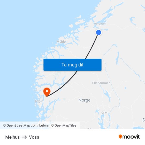 Melhus to Voss map