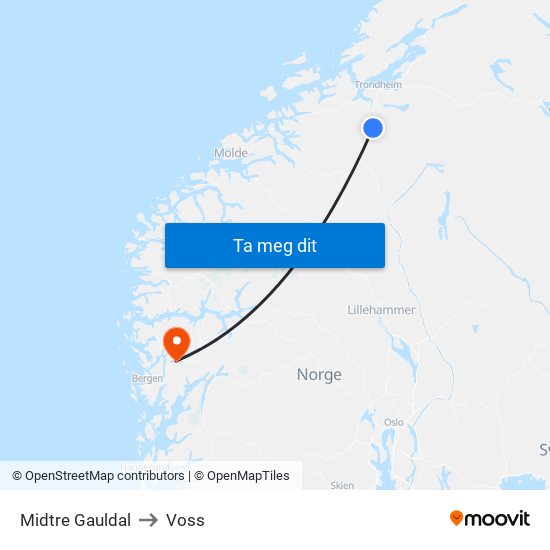 Midtre Gauldal to Voss map