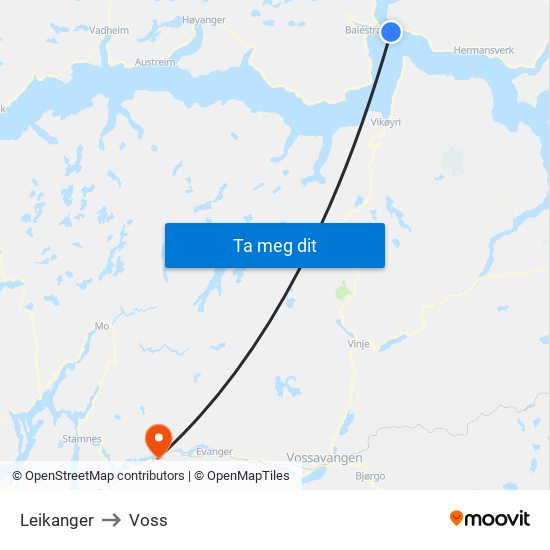 Leikanger to Voss map
