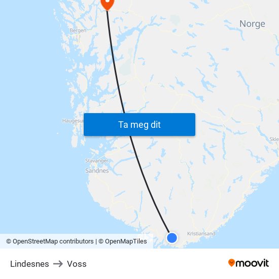Lindesnes to Voss map