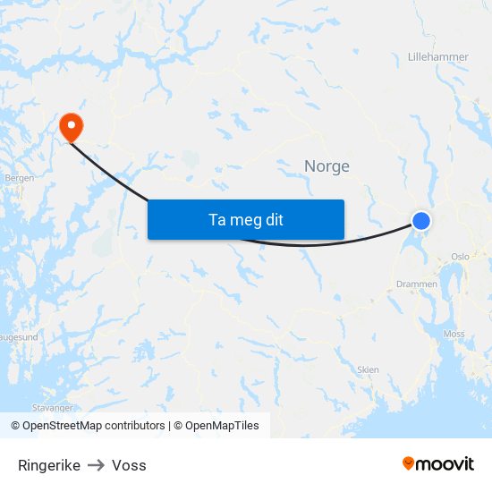 Ringerike to Voss map