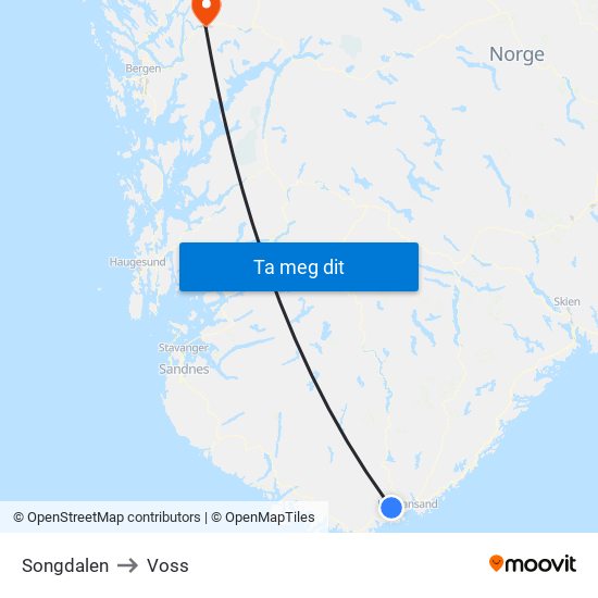 Songdalen to Voss map