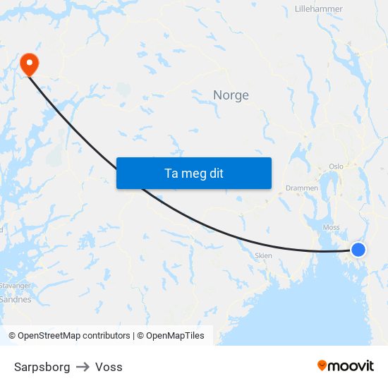 Sarpsborg to Voss map