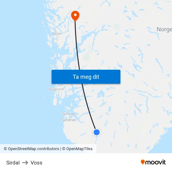 Sirdal to Voss map