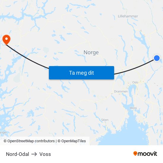 Nord-Odal to Voss map