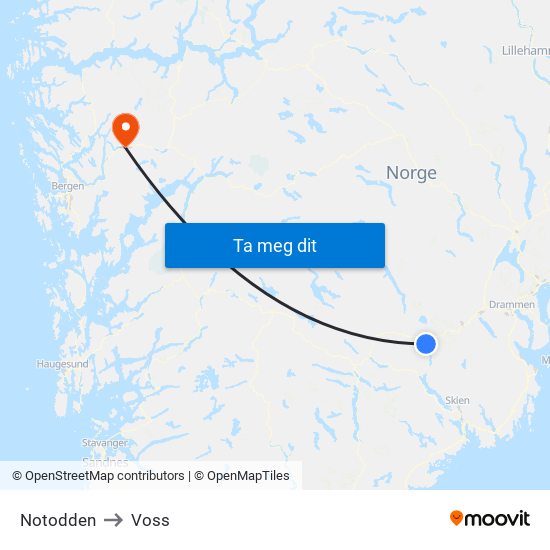 Notodden to Voss map