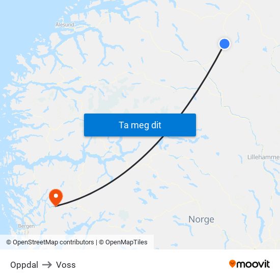 Oppdal to Voss map