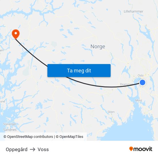 Oppegård to Voss map