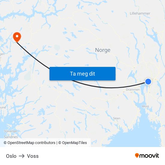 Oslo to Voss map