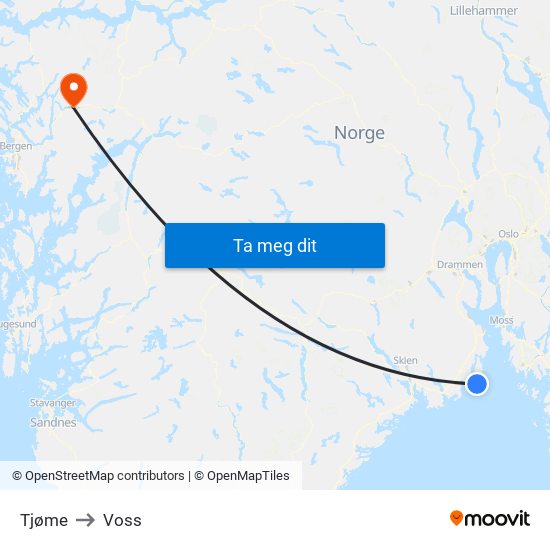 Tjøme to Voss map