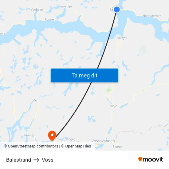 Balestrand to Voss map