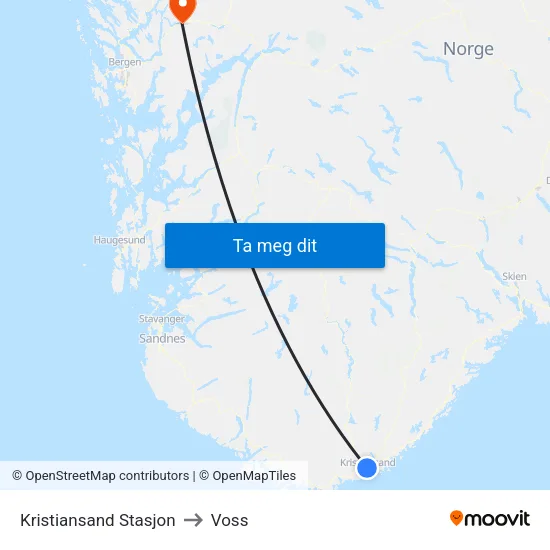 Kristiansand Stasjon to Voss map