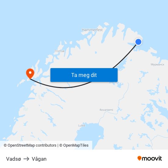 Vadsø to Vågan map