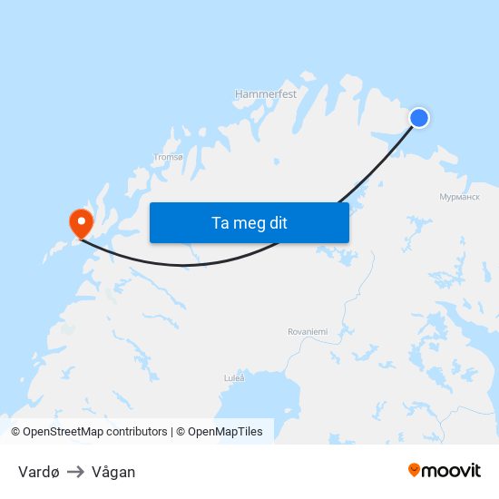 Vardø to Vågan map