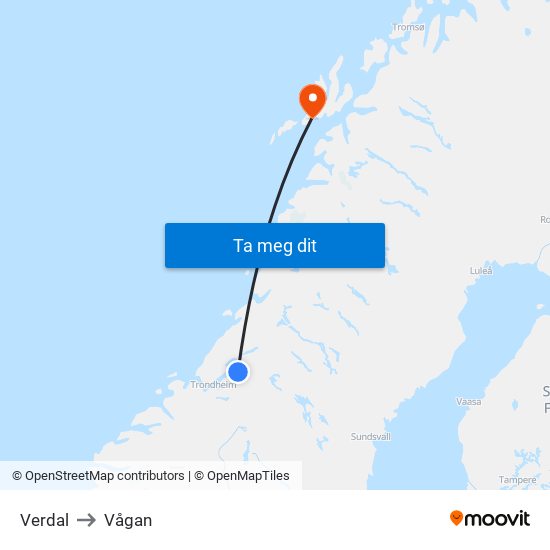 Verdal to Vågan map