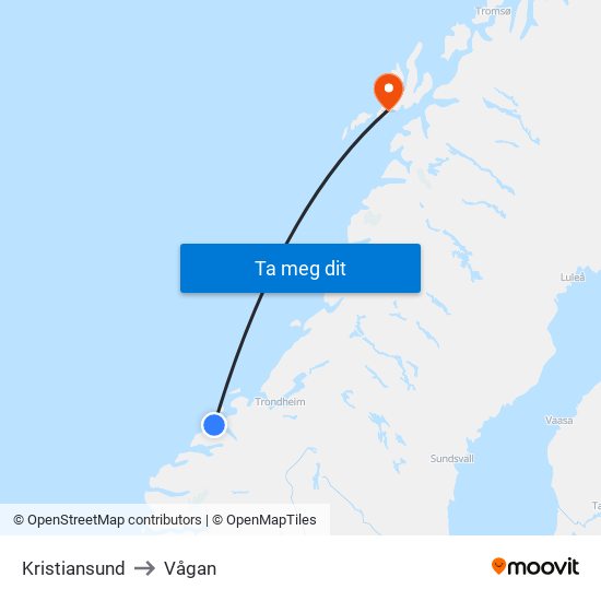 Kristiansund to Vågan map
