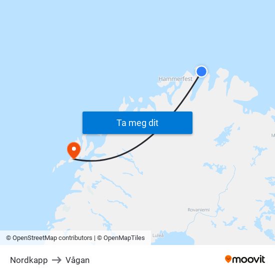 Nordkapp to Vågan map