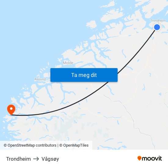 Trondheim to Vågsøy map