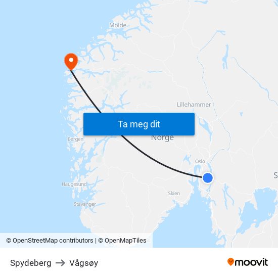 Spydeberg to Vågsøy map