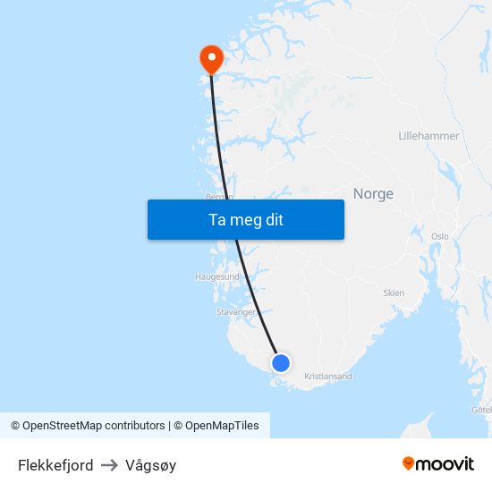 Flekkefjord to Vågsøy map