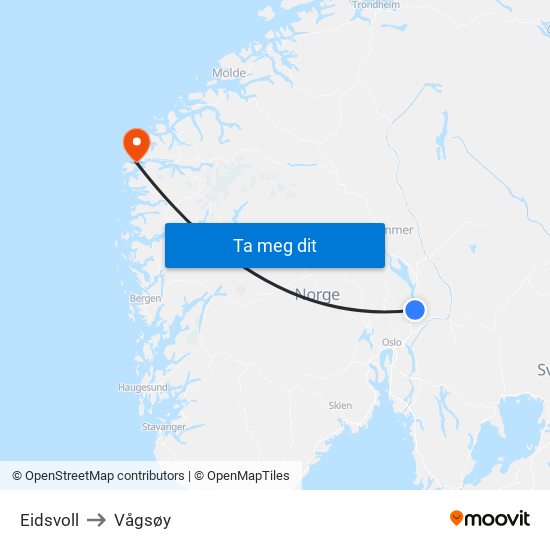 Eidsvoll to Vågsøy map