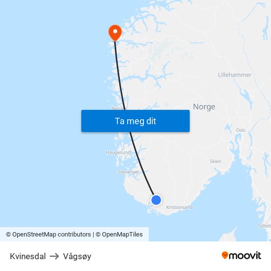 Kvinesdal to Vågsøy map