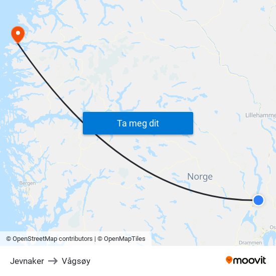 Jevnaker to Vågsøy map