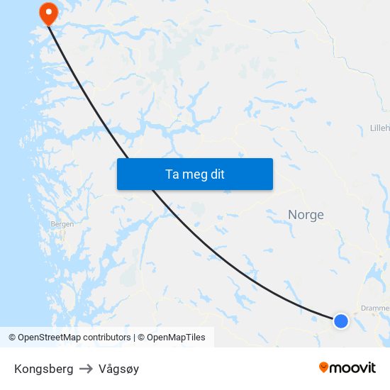 Kongsberg to Vågsøy map