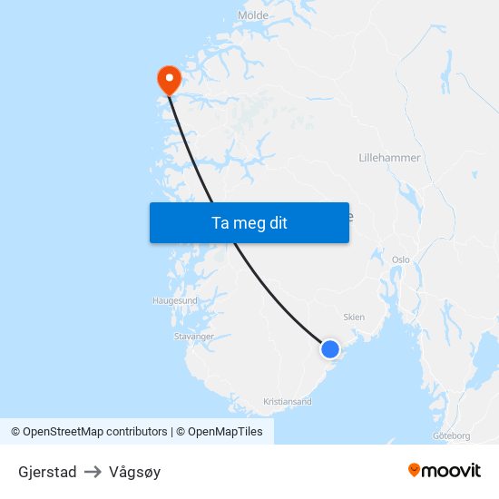 Gjerstad to Vågsøy map