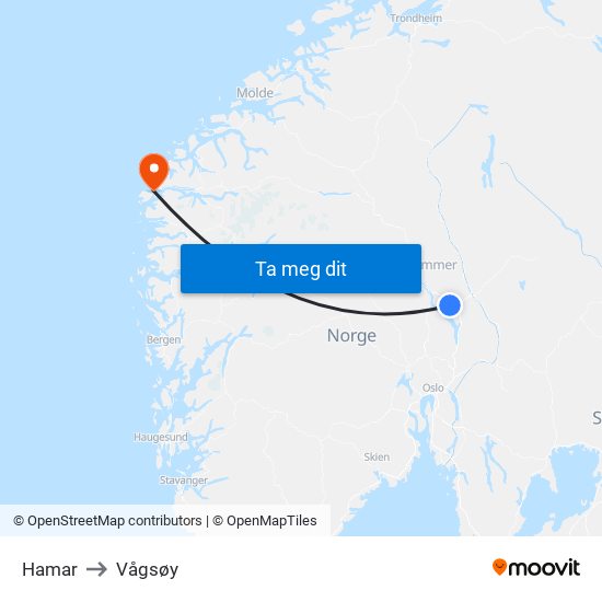 Hamar to Vågsøy map