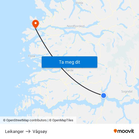 Leikanger to Vågsøy map