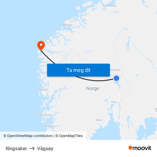 Ringsaker to Vågsøy map
