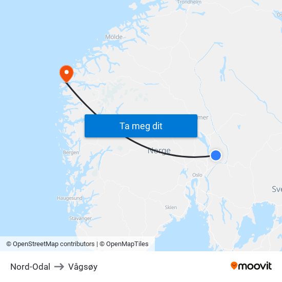 Nord-Odal to Vågsøy map
