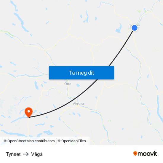 Tynset to Vågå map