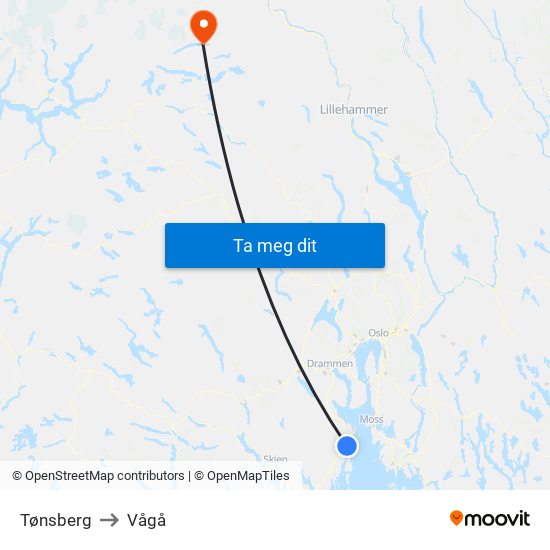 Tønsberg to Vågå map