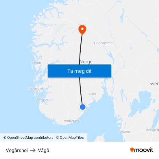 Vegårshei to Vågå map