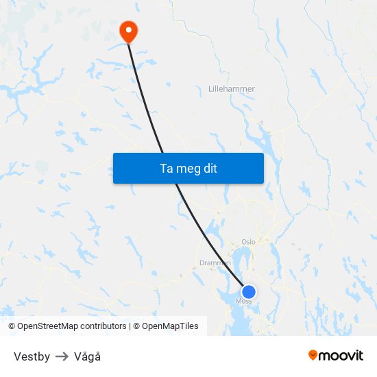 Vestby to Vågå map