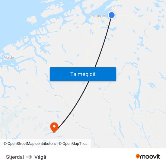 Stjørdal to Vågå map