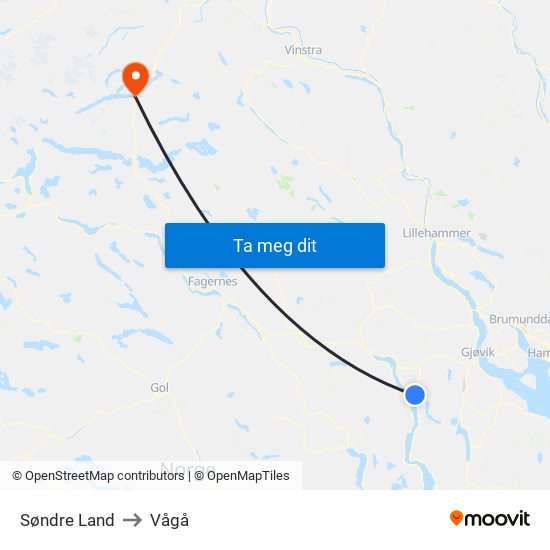 Søndre Land to Vågå map