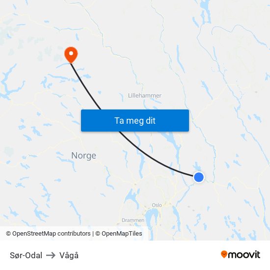 Sør-Odal to Vågå map