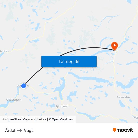 Årdal to Vågå map