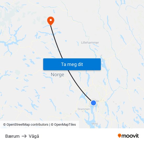 Bærum to Vågå map