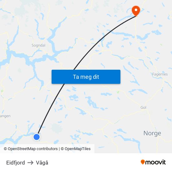 Eidfjord to Vågå map