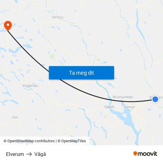 Elverum to Vågå map