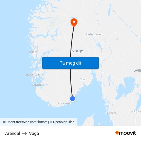 Arendal to Vågå map