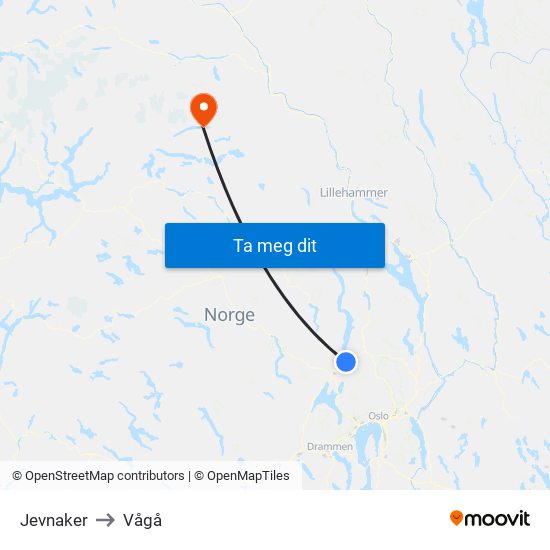 Jevnaker to Vågå map