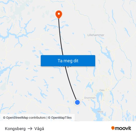 Kongsberg to Vågå map