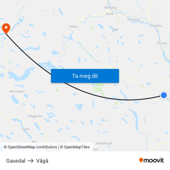 Gausdal to Vågå map