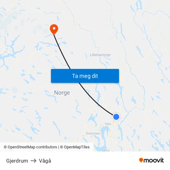 Gjerdrum to Vågå map