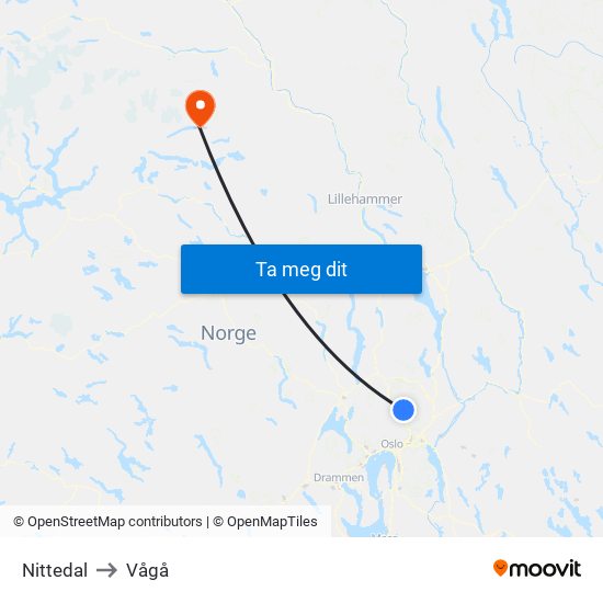 Nittedal to Vågå map